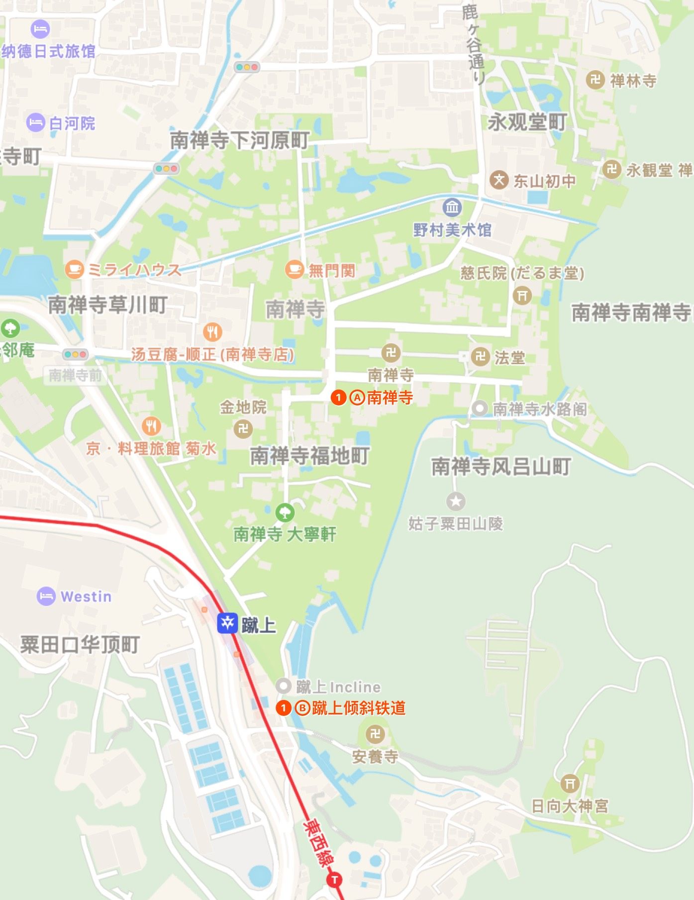 南禅寺和蹴上倾斜铁道附近的地图。